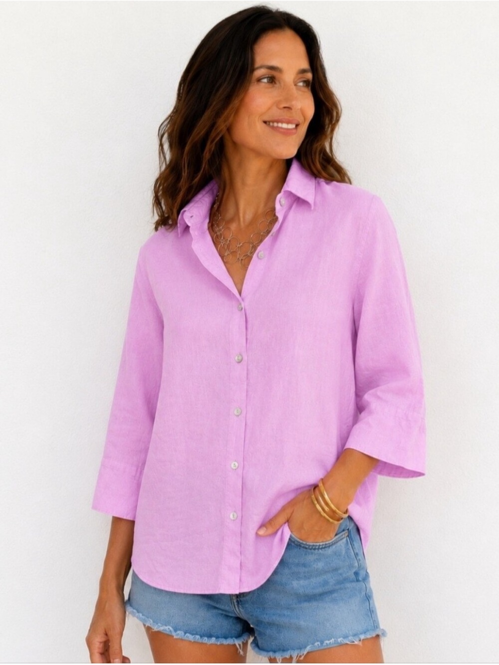 Chico’s Linen Button Down 3/4 Sleeve Shirt Orchid Pink/Purple Size 0 US 4